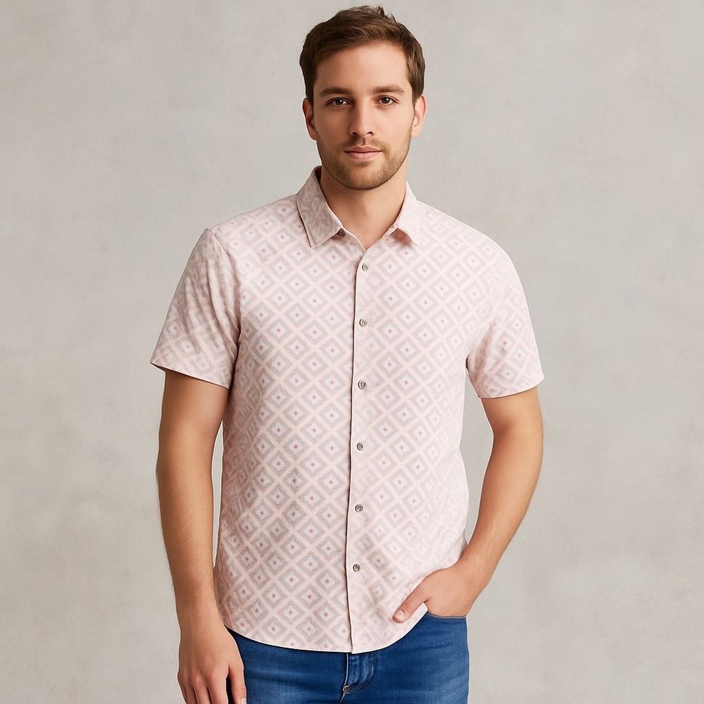 Ted Baker London Mens Shirt Size 5/XL Pink White Geo Diamond Print Cotton S/S